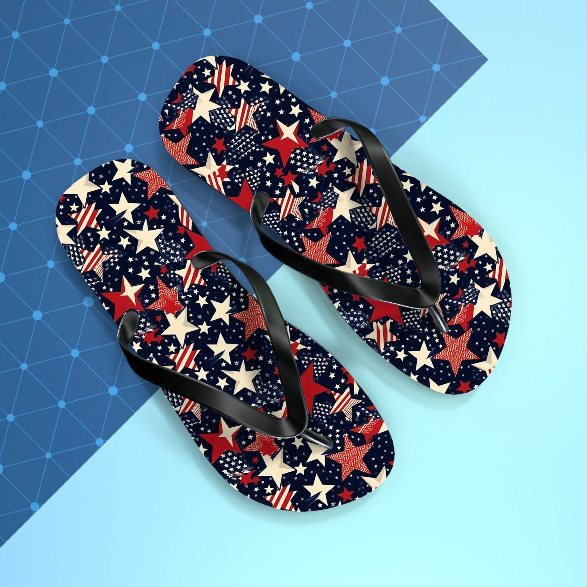 American Flag Stars Flip Flops, Stripes Red White Blue USA Patriotic 4th Comfortable Thong Sandals Woman Men Ladies Beach Print Rubber Shoes