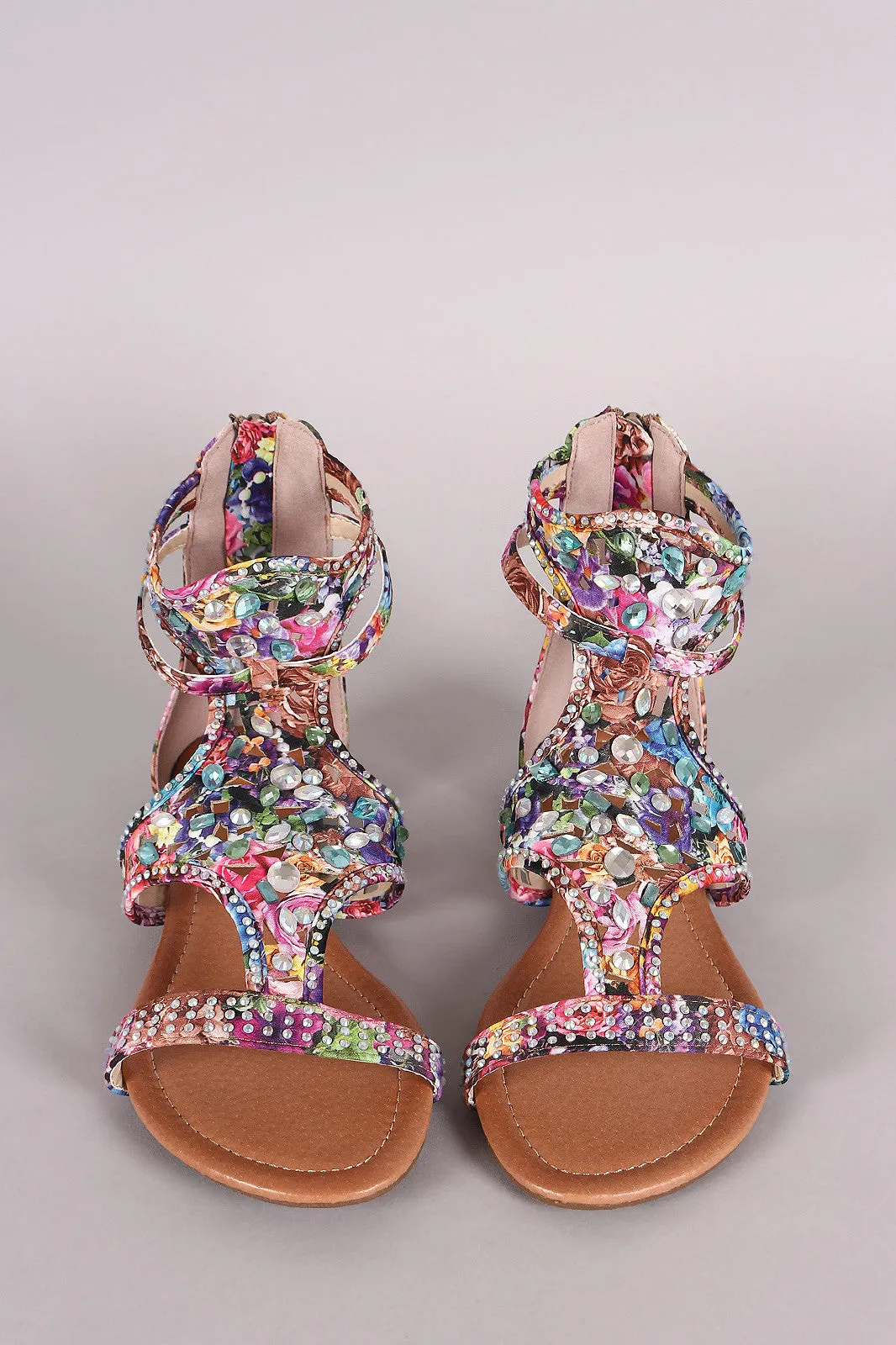 Bejeweled Floral Print Gladiator Flat Sandal