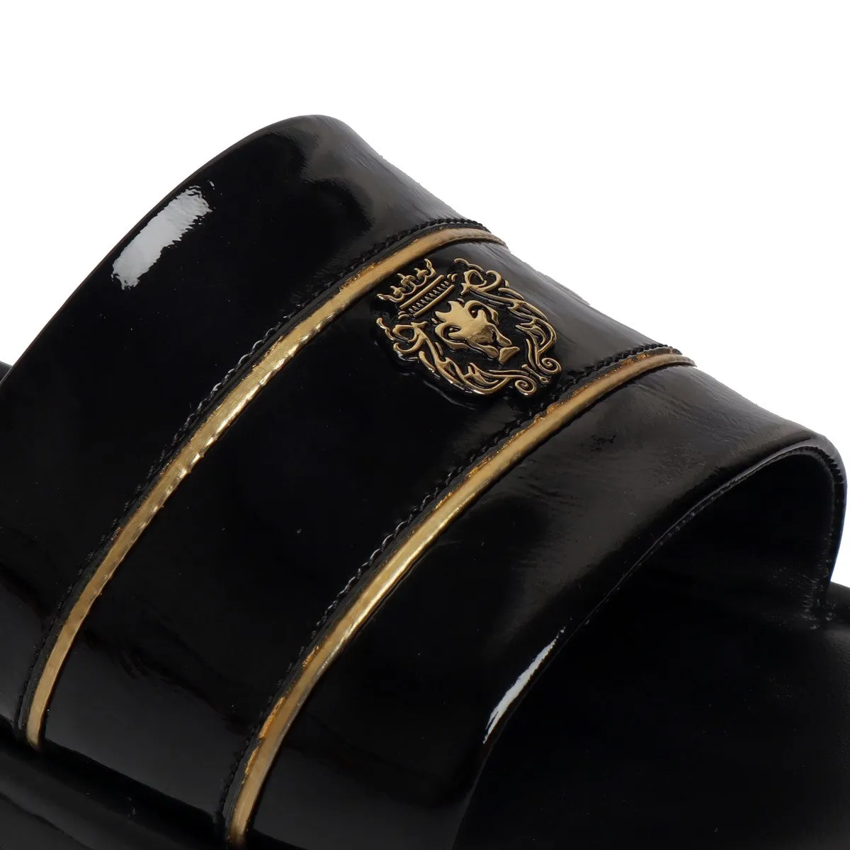 Black Patent Leather Slide-In-Slippers with Signature Metal Lion