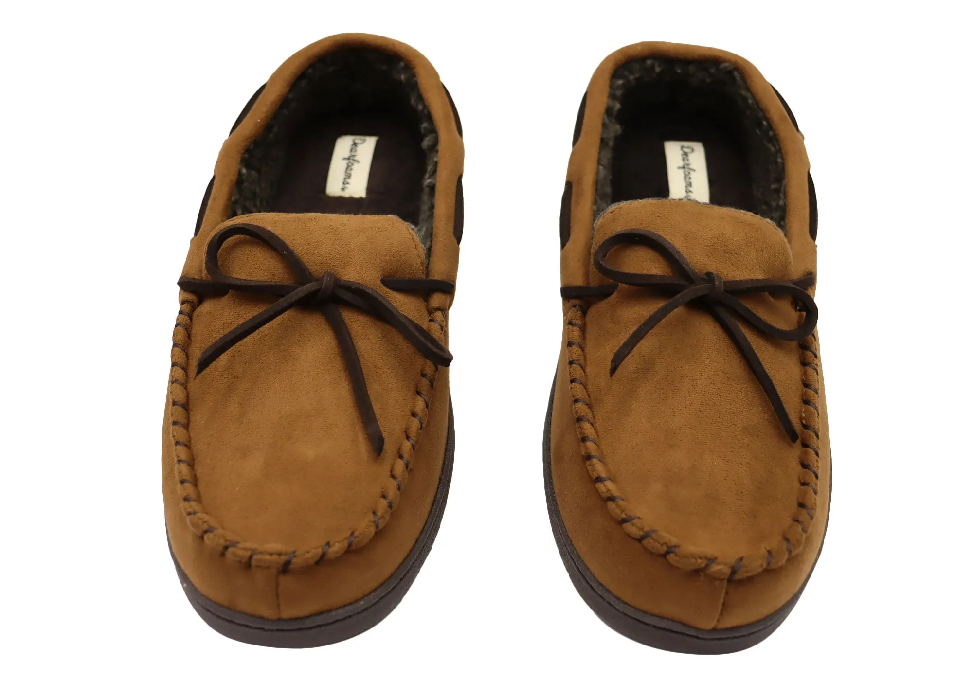 Dearfoams Mens Toby Microsuede Moccasin With Whipstitch & Tie Slippers