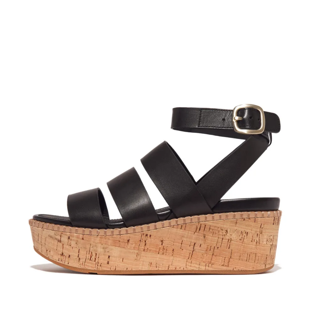 Fitflop Eloise Leather Cork Strappy Wedge Sandals Black