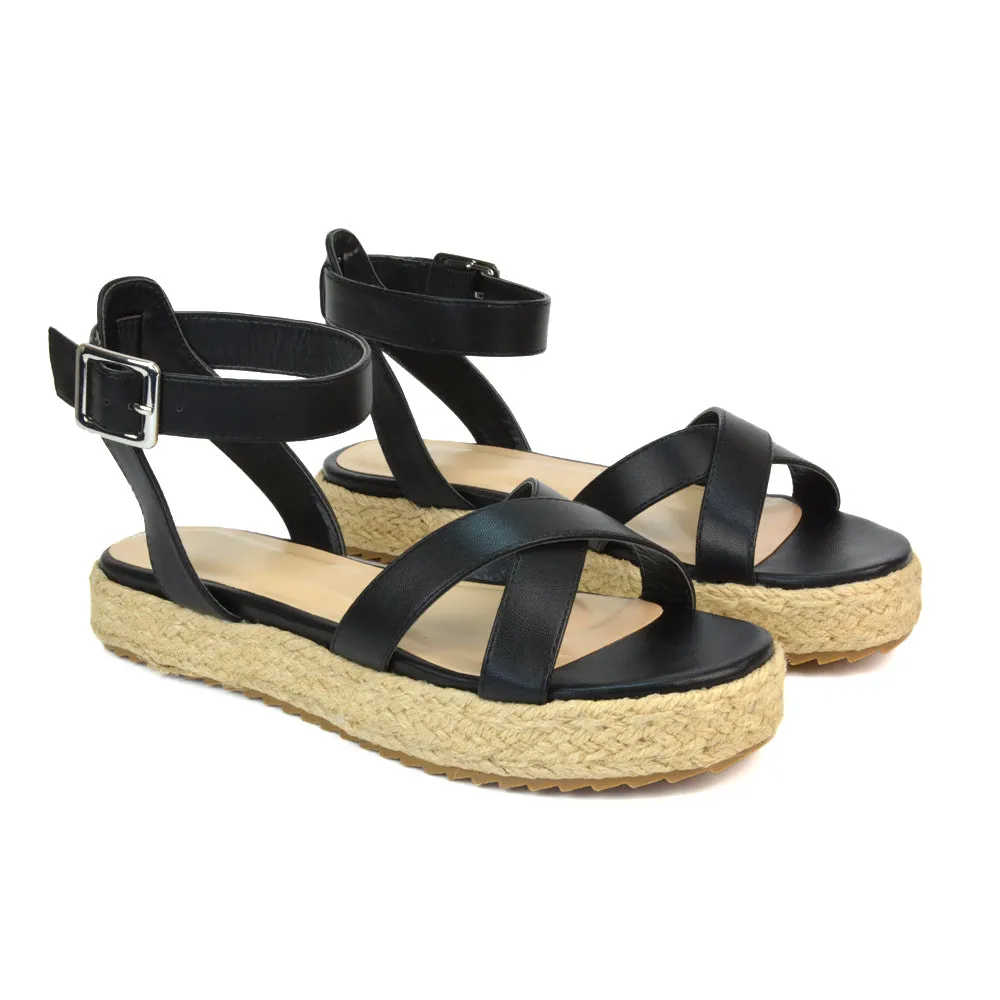 Fran Flatform Strappy Espadrille Flat Summer Sandals In Black Synthetic Leather