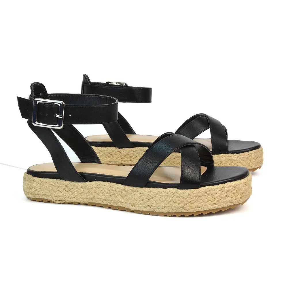 Fran Flatform Strappy Espadrille Flat Summer Sandals In Black Synthetic Leather