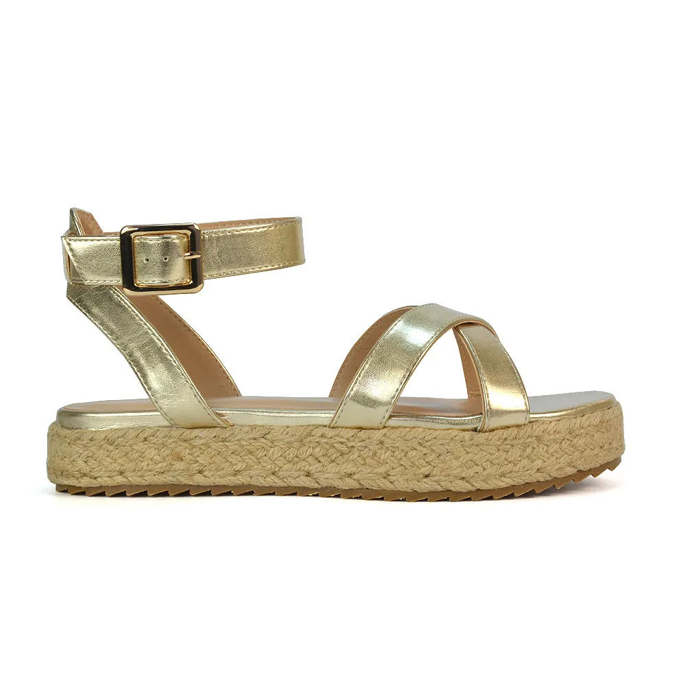 Fran Flatform Strappy Espadrille Flat Summer Sandals In Black Synthetic Leather