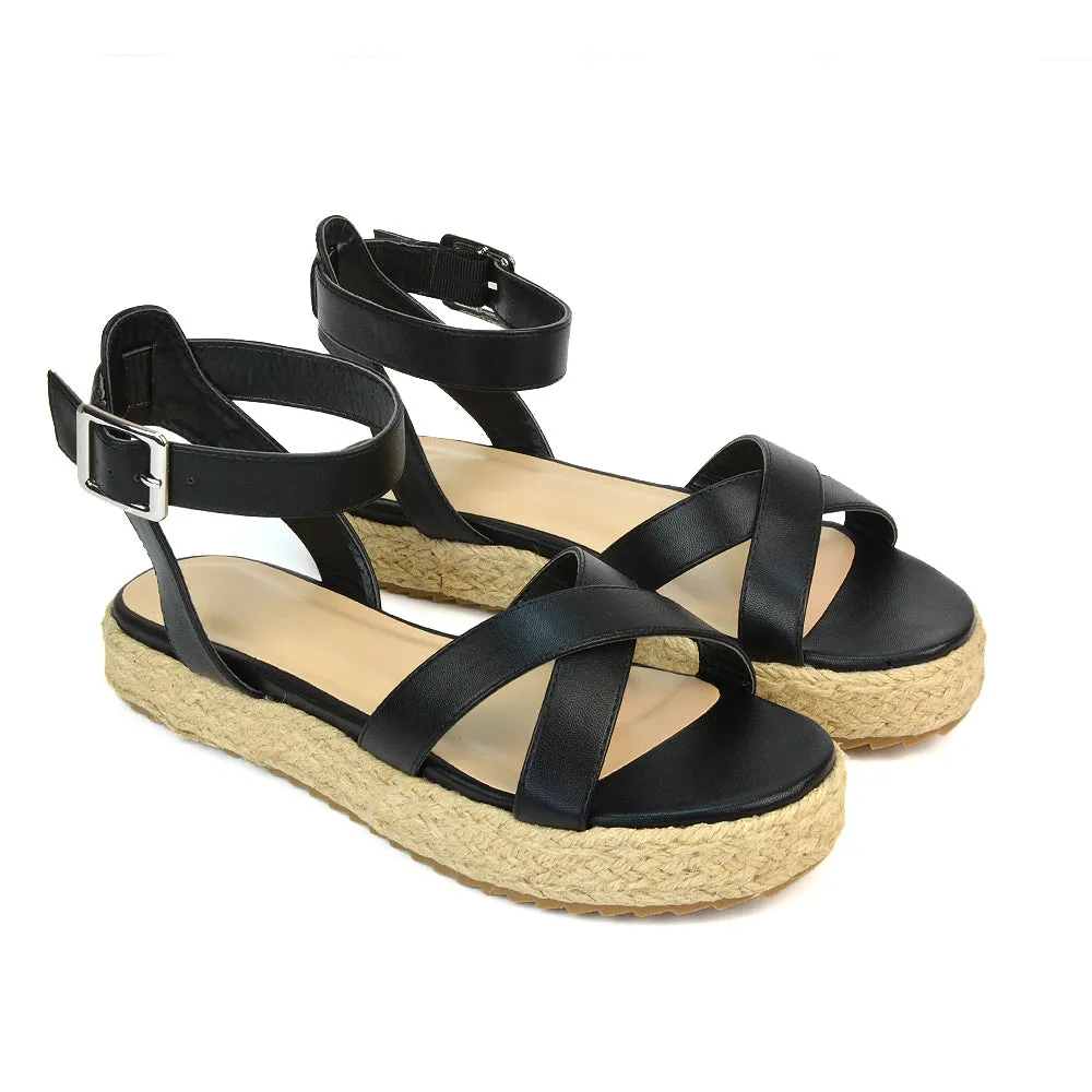 Fran Flatform Strappy Espadrille Flat Summer Sandals In Black Synthetic Leather