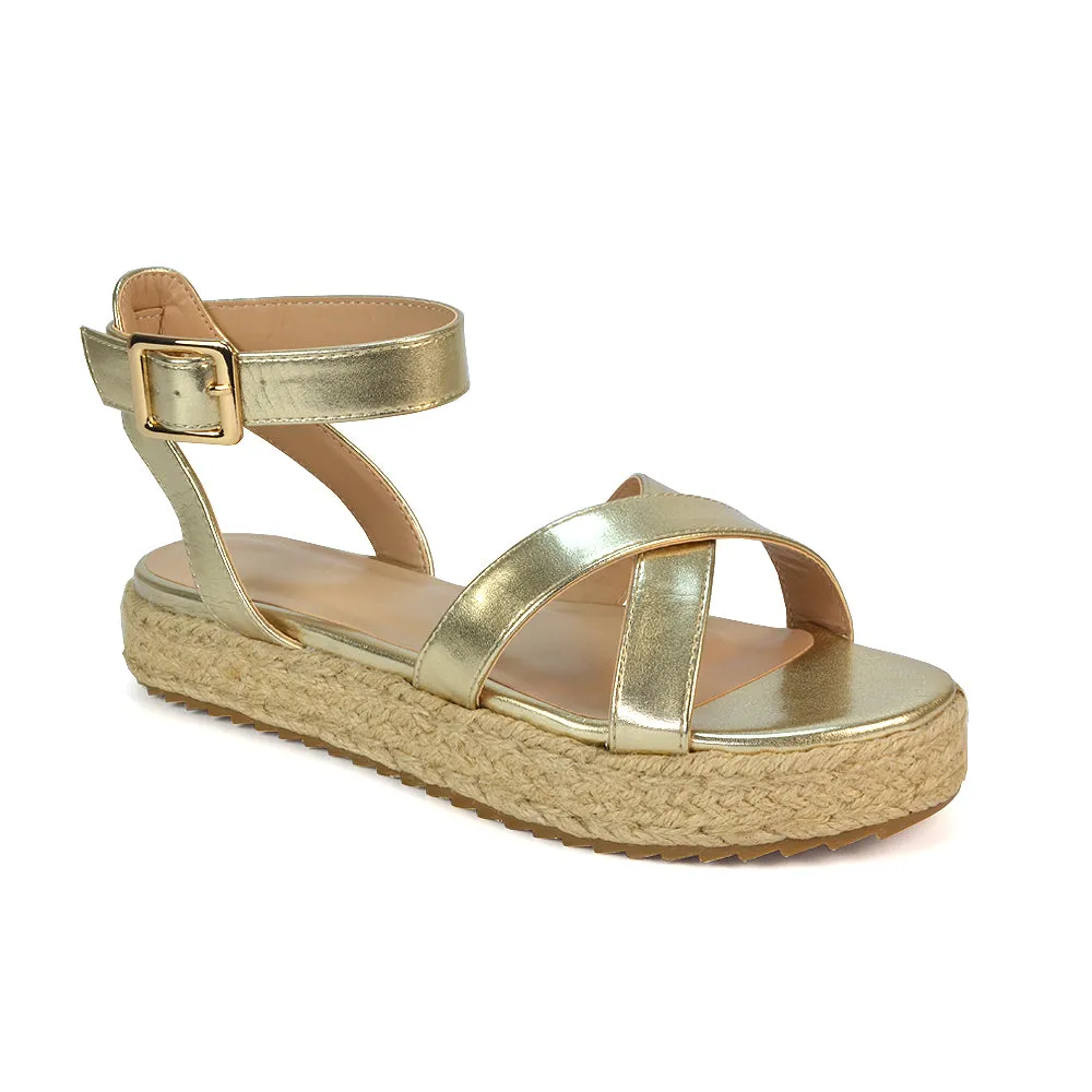 Fran Flatform Strappy Espadrille Flat Summer Sandals In Gold Metallic