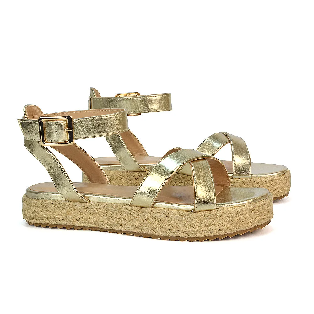 Fran Flatform Strappy Espadrille Flat Summer Sandals In Gold Metallic