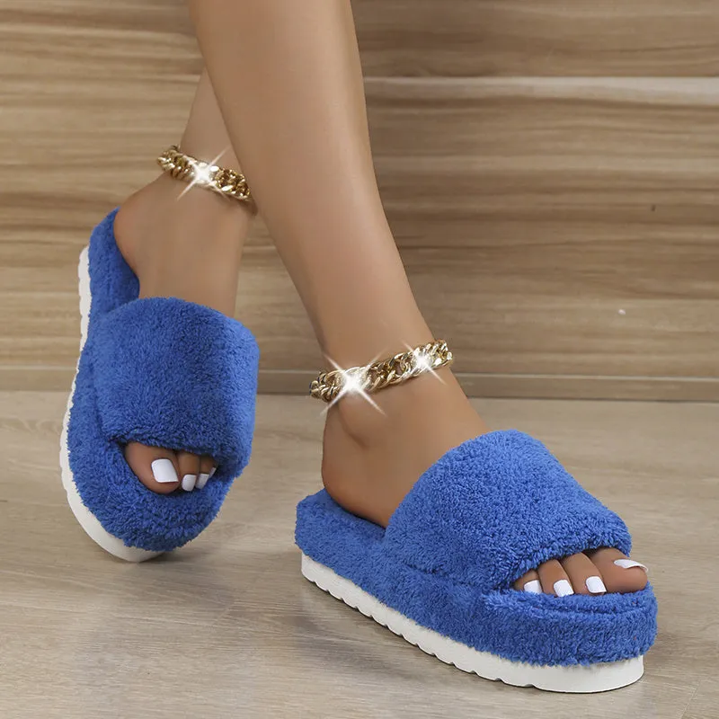 Fur platform slippers women 2022 trend korean winter warm Thick Bottom slippers