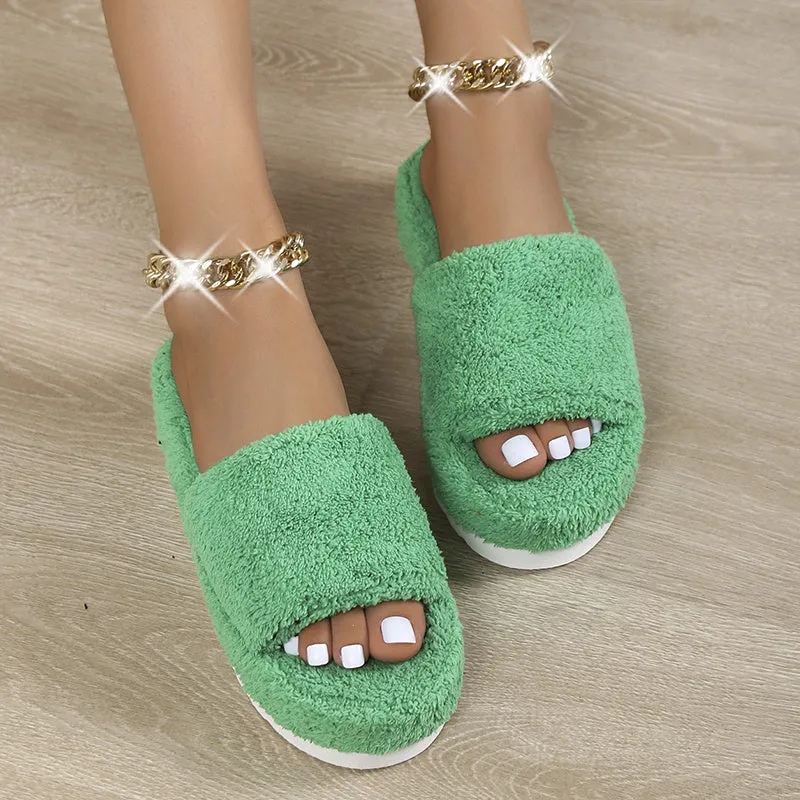 Fur platform slippers women 2022 trend korean winter warm Thick Bottom slippers