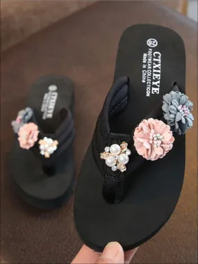 Girls Floral And Pearl Embellished Flip Flops