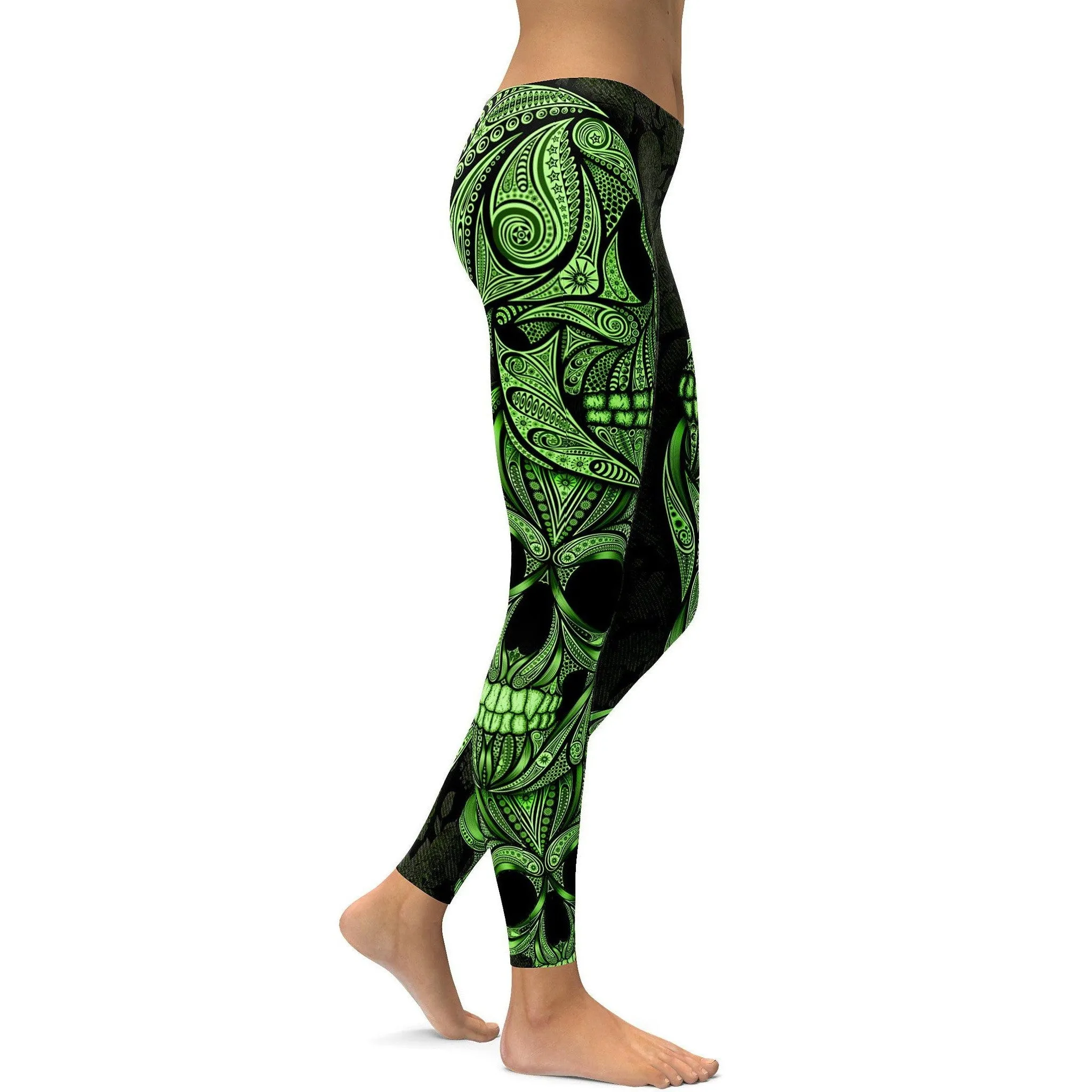 Green Ornamental Skull Leggings