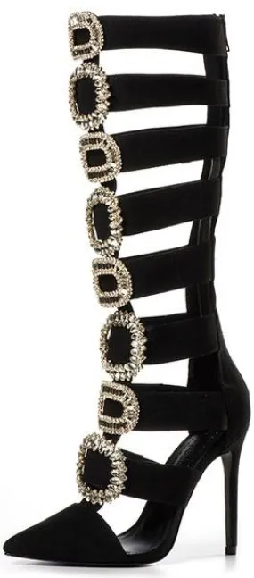 Jewel-Buckled Tall Black Suede Gladiator Sandals