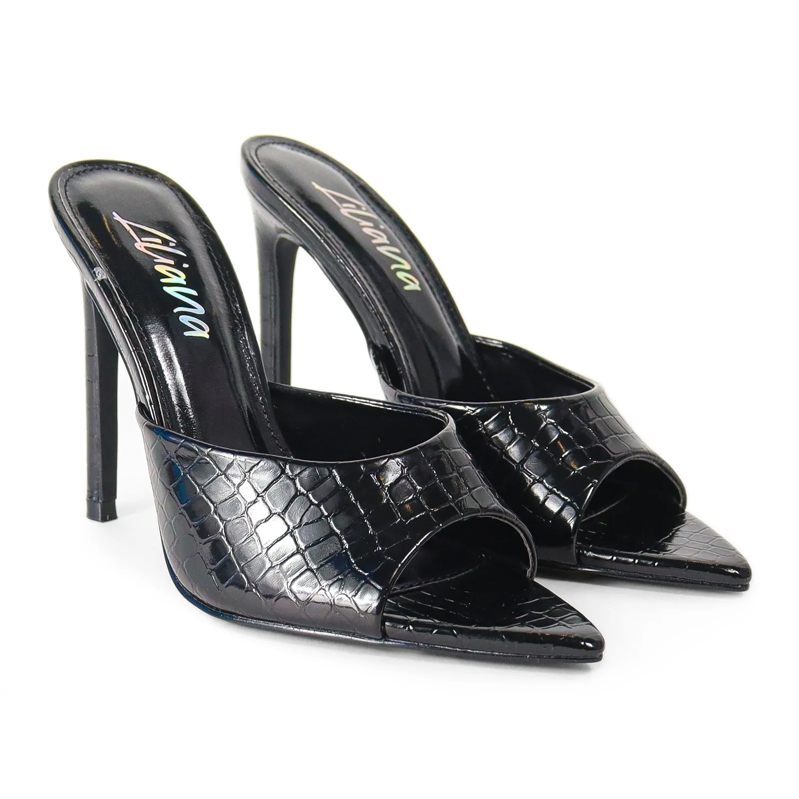 LAURENT-43 POINTED MULE PATENT STILETTO HIGH HEEL - BLACK