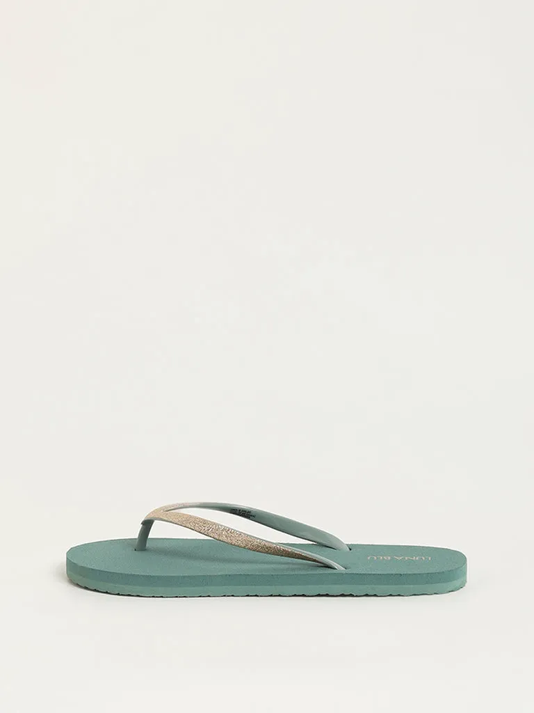 LUNA BLU Dark Green Shimmer-Detailed Flip-Flops