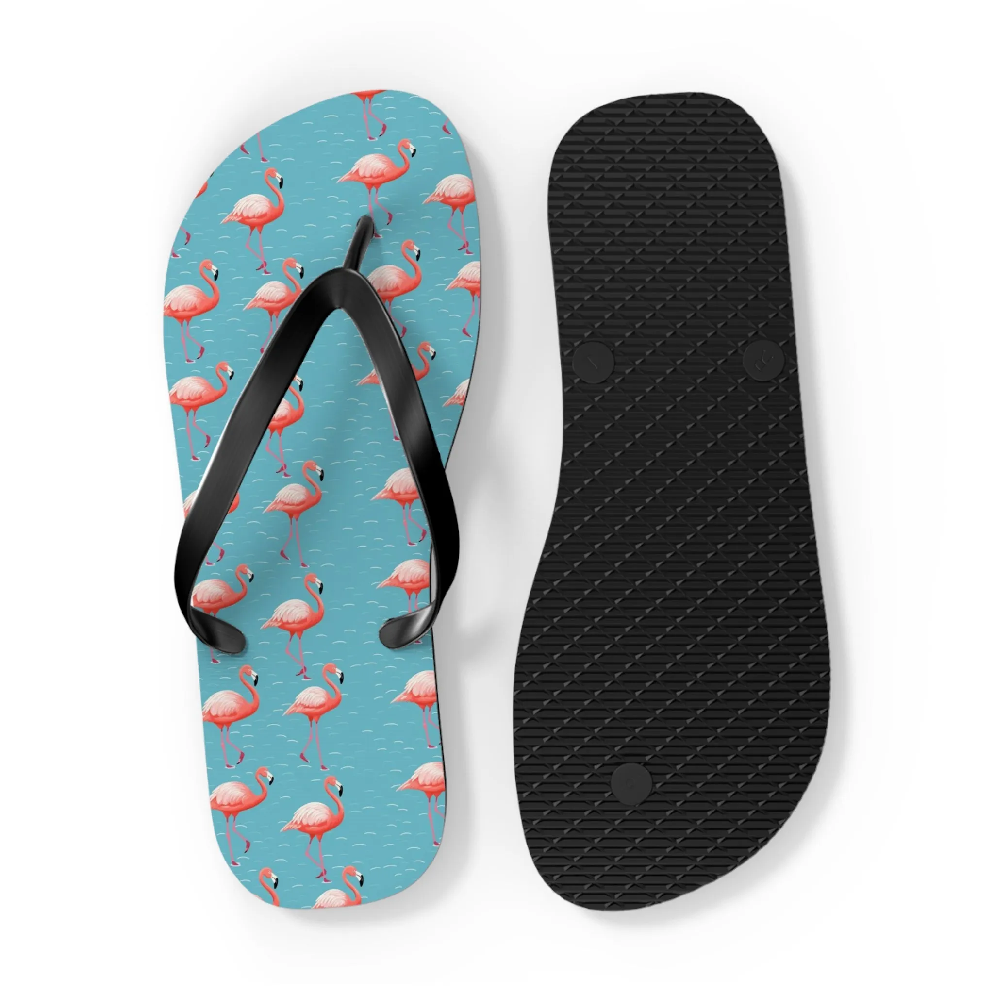 Pink Flamingo Flip Flops, Blue Water Comfortable Thong Sandals Summer Woman Men Ladies Beach Print Rubber Slip On Shoes