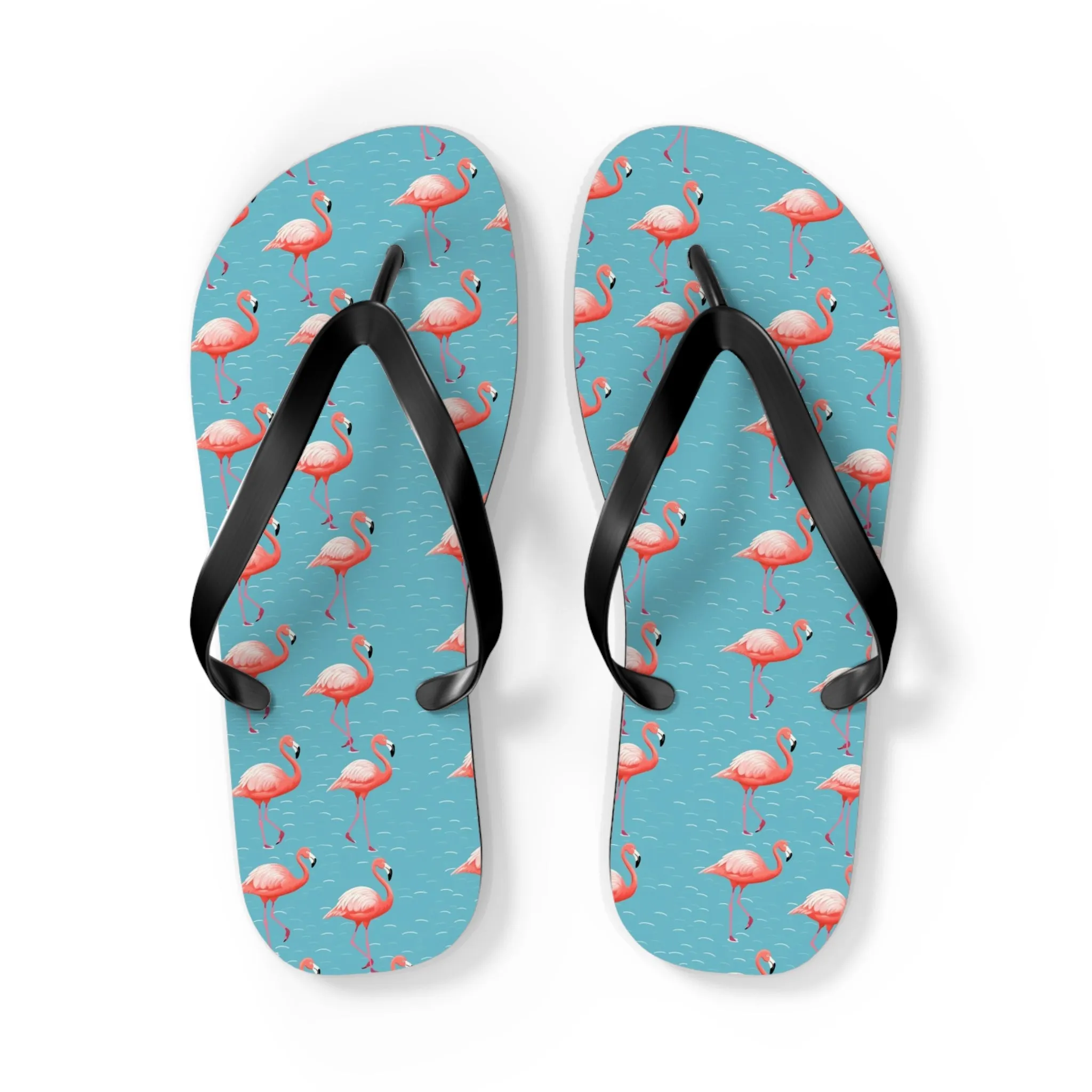 Pink Flamingo Flip Flops, Blue Water Comfortable Thong Sandals Summer Woman Men Ladies Beach Print Rubber Slip On Shoes