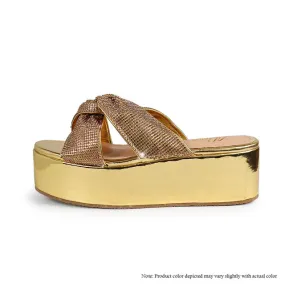 RASHA-68 RHINESTONE TWIST STRAP FLATFORM SANDAL - GOLD