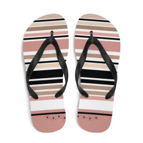 Striped Beige Black & Cream Flower Detail Flip Flops. Beach Shoes