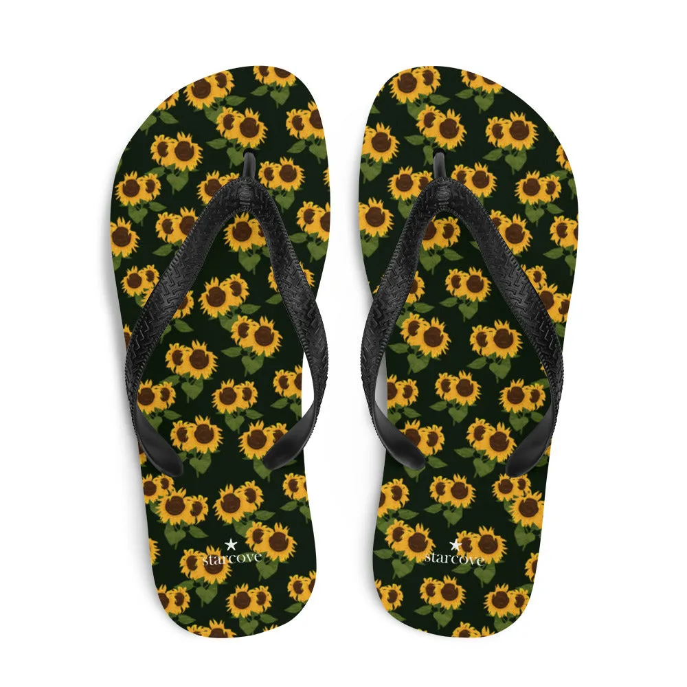 Sunflower Flip Flops, Floral Flower Footwear, Black Yellow Thong Sandals Summer Woman Men Beach Sunflower Print Shoes