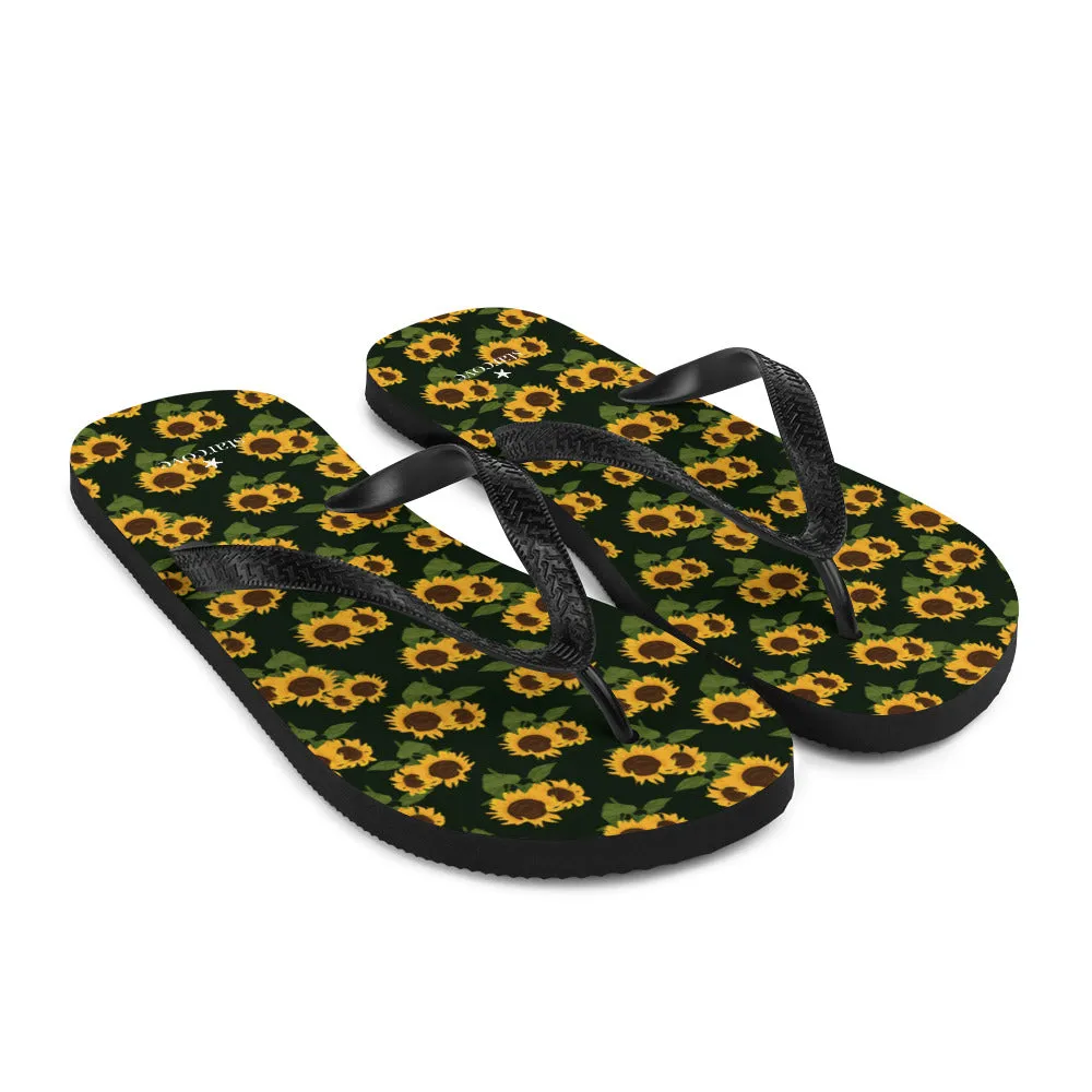 Sunflower Flip Flops, Floral Flower Footwear, Black Yellow Thong Sandals Summer Woman Men Beach Sunflower Print Shoes