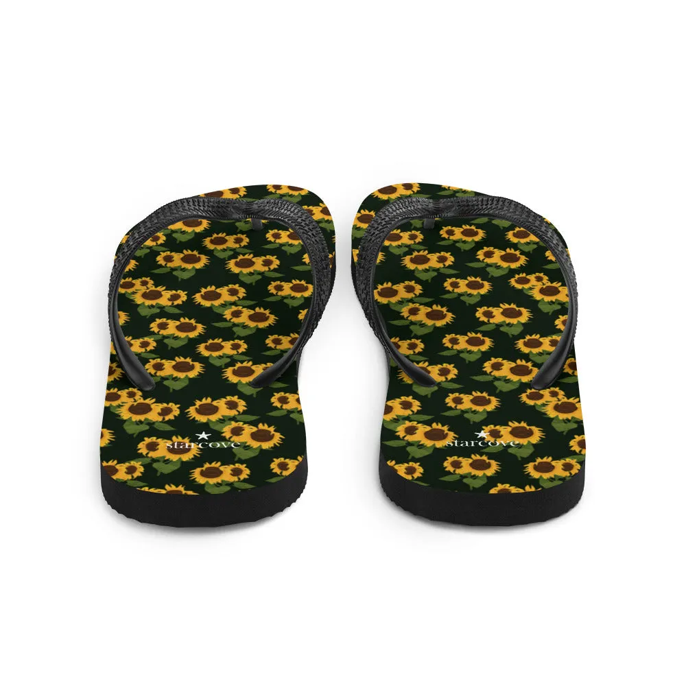 Sunflower Flip Flops, Floral Flower Footwear, Black Yellow Thong Sandals Summer Woman Men Beach Sunflower Print Shoes