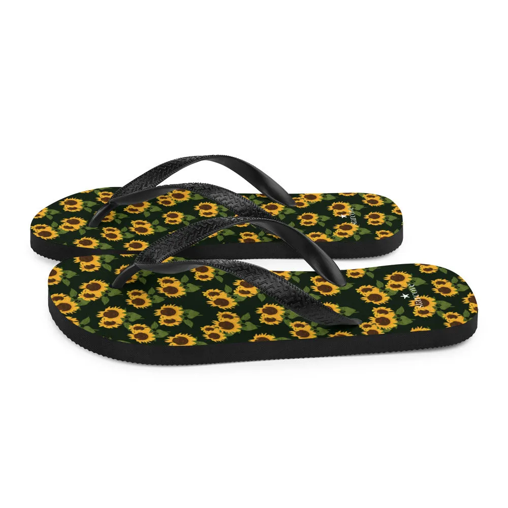 Sunflower Flip Flops, Floral Flower Footwear, Black Yellow Thong Sandals Summer Woman Men Beach Sunflower Print Shoes