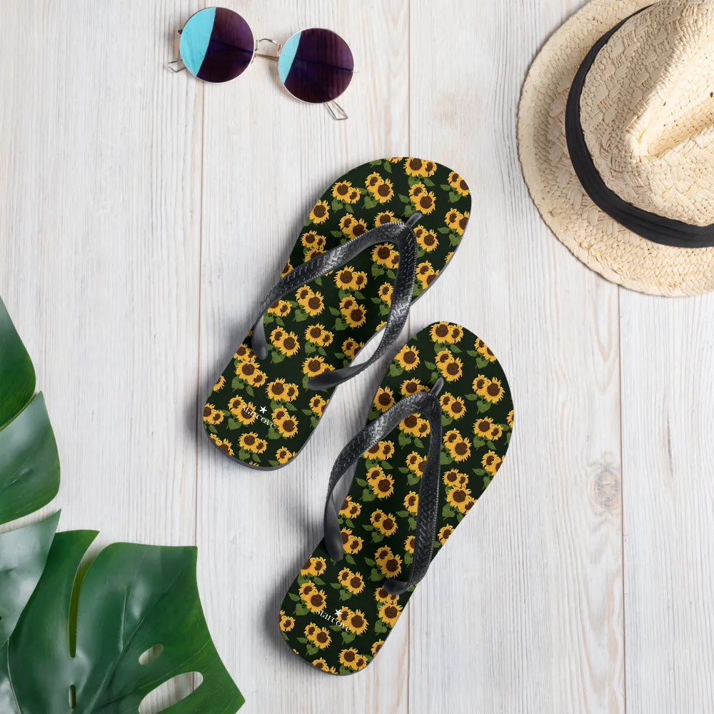 Sunflower Flip Flops, Floral Flower Footwear, Black Yellow Thong Sandals Summer Woman Men Beach Sunflower Print Shoes