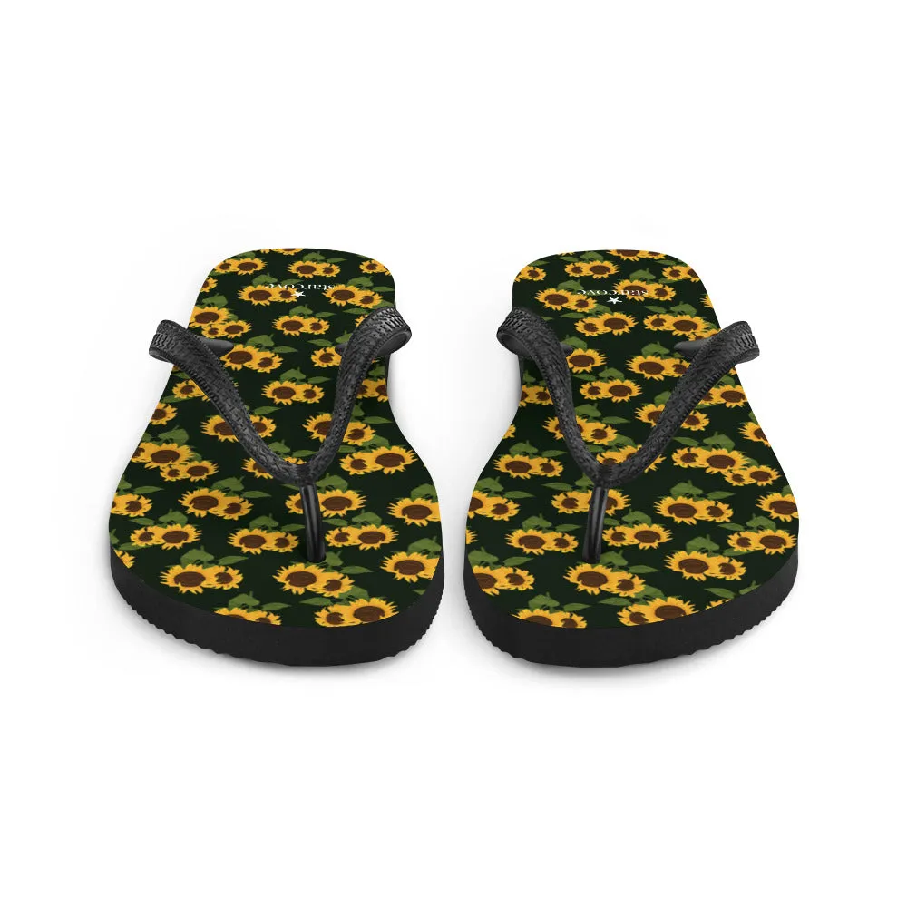 Sunflower Flip Flops, Floral Flower Footwear, Black Yellow Thong Sandals Summer Woman Men Beach Sunflower Print Shoes