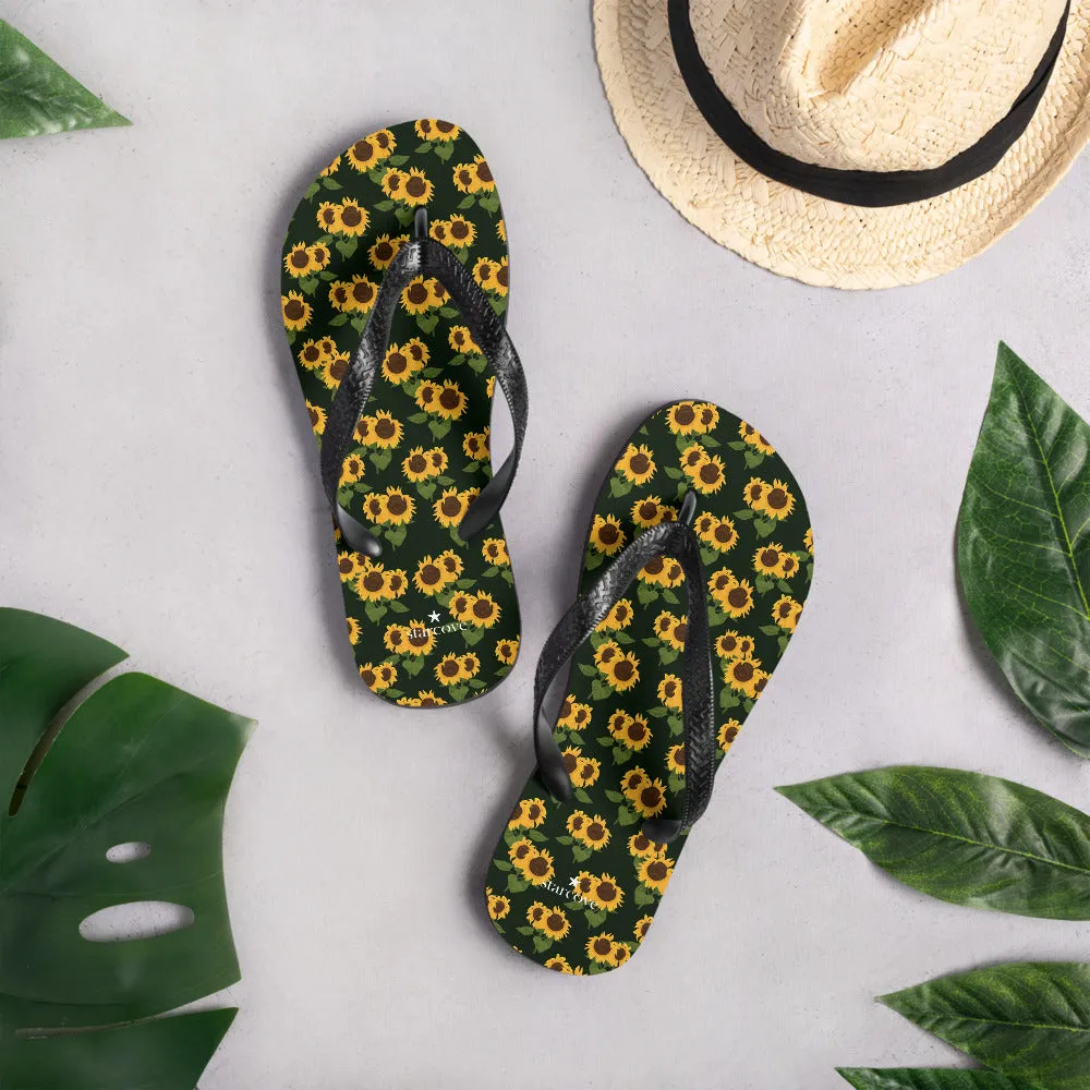 Sunflower Flip Flops, Floral Flower Footwear, Black Yellow Thong Sandals Summer Woman Men Beach Sunflower Print Shoes