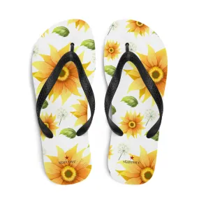 Sunflower Flip Flops, Floral Flower Footwear, White Yellow Thong Sandals, Woman Men Beach Sunflower Print Shoes