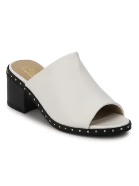 White PU Studded Low Heel Sandals