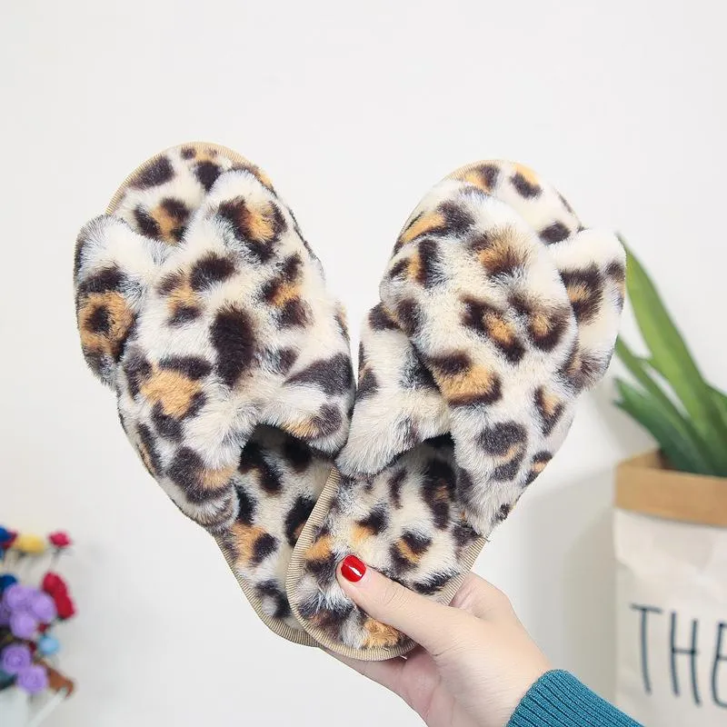 Women's fashion leopard criss cross slippers winter warm fluffy house shoes