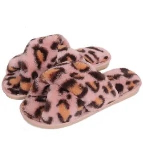 Women's fashion leopard criss cross slippers winter warm fluffy house shoes