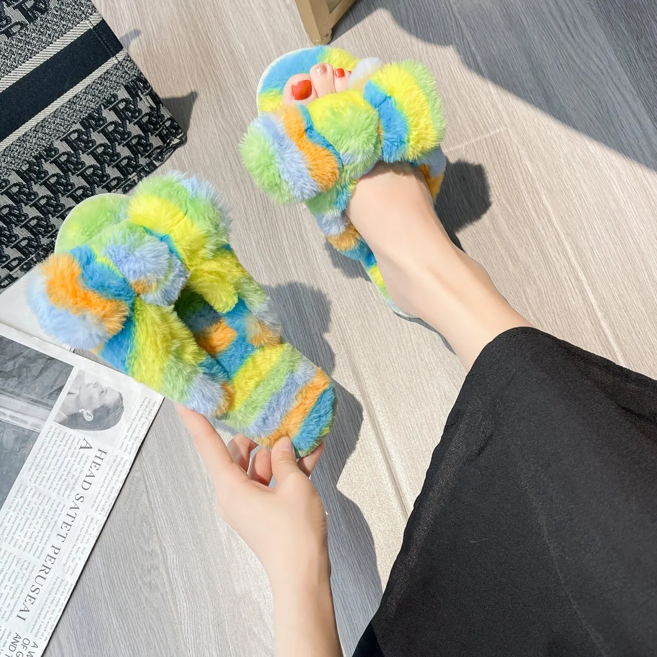 Women's rainbow striped fluffy slippers winter indoor shoes