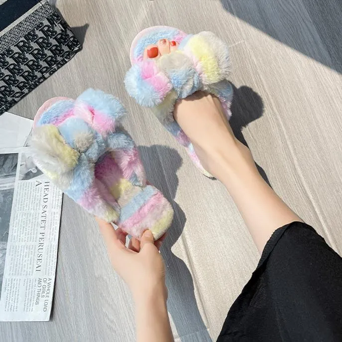 Women's rainbow striped fluffy slippers winter indoor shoes